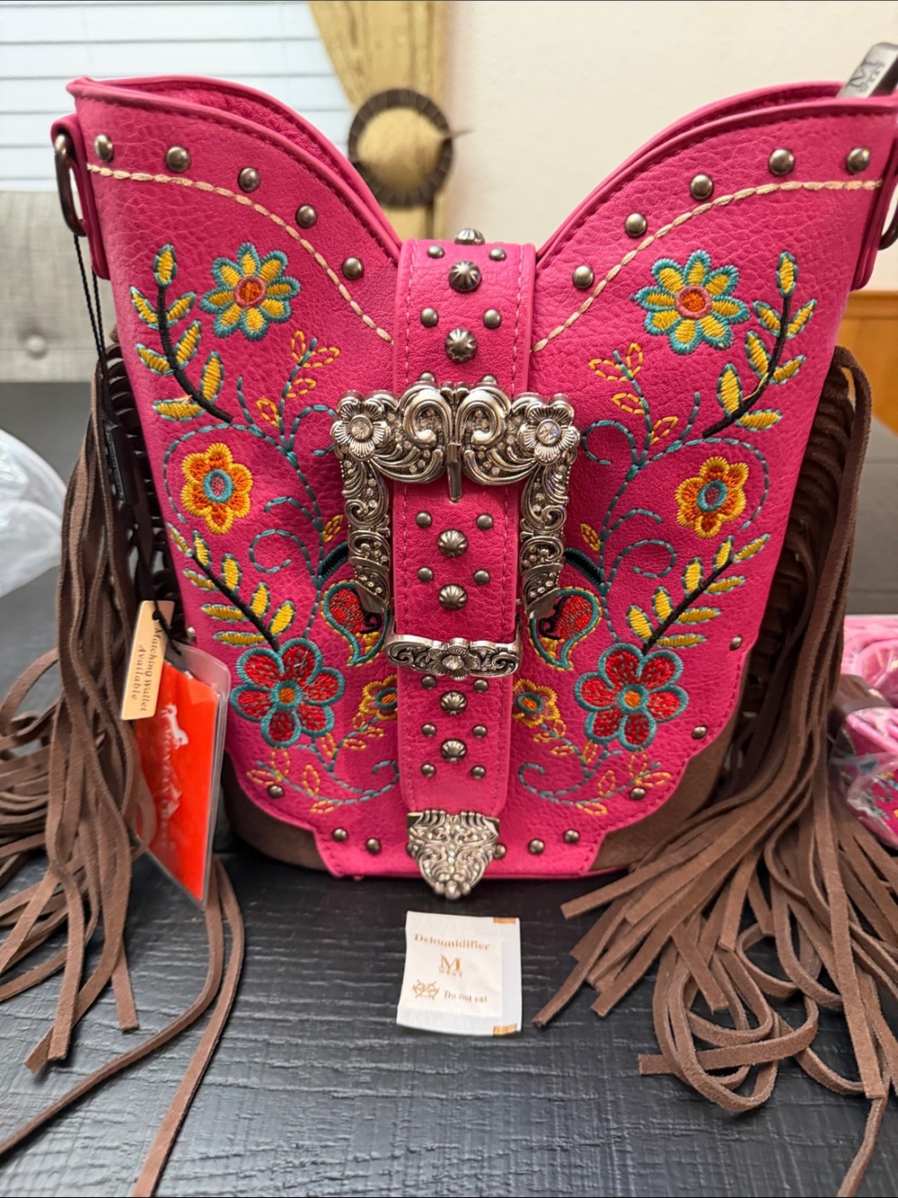 Montana West Pink Floral Embroidered Crossbody Bag with Brown Fringe - Picture 3 of 7